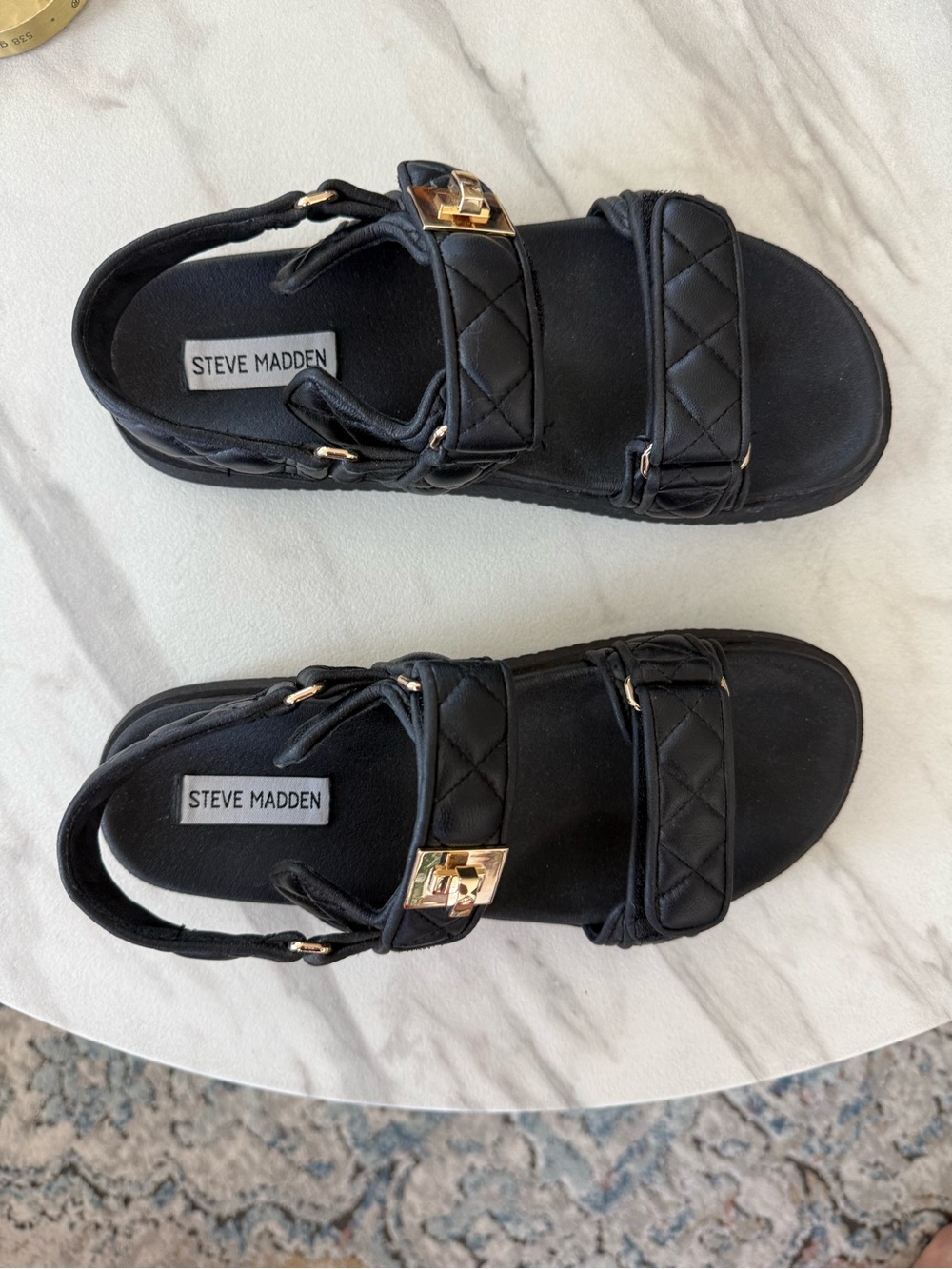 Steve Madden Black Quilted Strap Sandals with Gold Buckle
